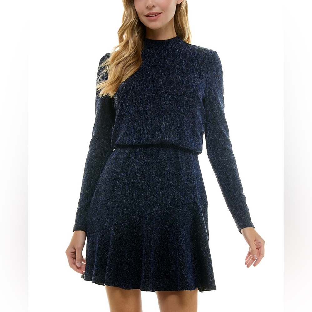 City Studios Mock-Neck Blouson Fit & Flare Dress Black Cobalt S NWT - Picture 5 of 6